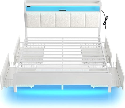 Rolanstar Bed Frame Queen Size with Charging Station and LED Lights, Upholstered Storage Headboard with Drawers, Heavy Duty Metal Slats, No Box Spring Needed, Noise Free, Easy Assembly, White