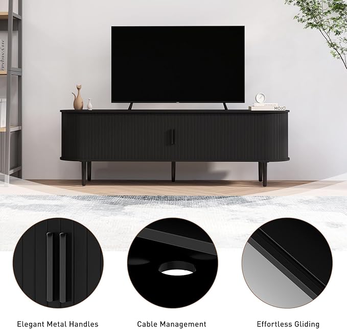 Bonzy Home Mid Century Modern TV Stand, Fluted Entertainment Center with Storage, Long Media Console TV Table for 65" 70" 75" TV, Black