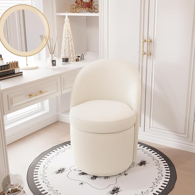 YOUNIKE Vanity Bench Boucle Fabric White Solid Wood Swivel Accent Chair with Backrest Easy Assembly Dressing Stool for Bedroom & Makeup Room
