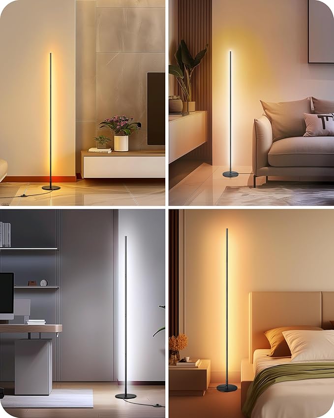 EDISHINE Corner Floor Lamp, Dimmable LED Light with Remote, 3 Color Temperature 3000K-4500K-6000K, 57.5" Modern Black LED Floor Lamp for Bedroom, Living Room, Office