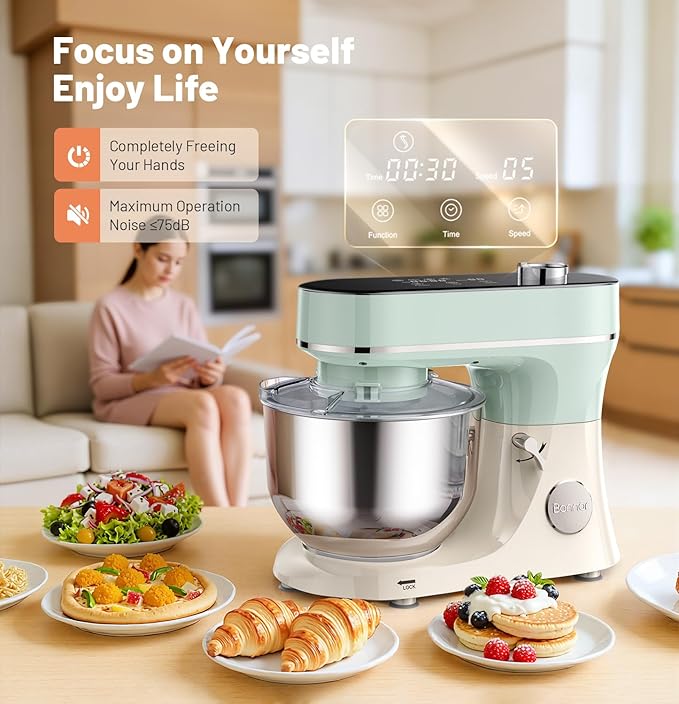 Stand Mixer 6QT Kitchen Mixer with LED Touchscreen, 11-Speed Tilt-Head Mixer with Timer, 4 Preset Menus, Stainless Steel Bowl, Dough Hook, Whisk, Beater