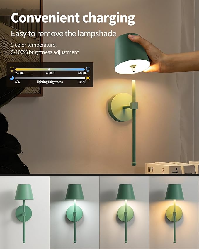 KDG Cordless Wall Sconces Set of 2, Wireless 5200mAh Rechargeable Battery LED Wall Lamps, Wall Lightings for Wall Painting, Outdoor, Garden, Living Room, Bedside, Hallway, Gifts, Night Light (Green)