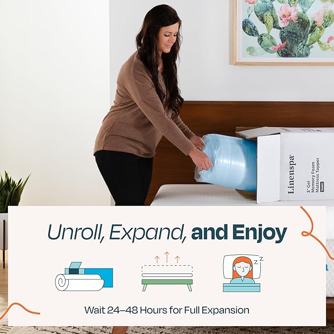 LINENSPA Memory Foam Mattress Topper - 3 Inch Gel Infused Memory Foam - Plush Feel - Cooling and Pressure Relieving - CertiPUR Certified - Dorm Room Essentials - Full XL Size