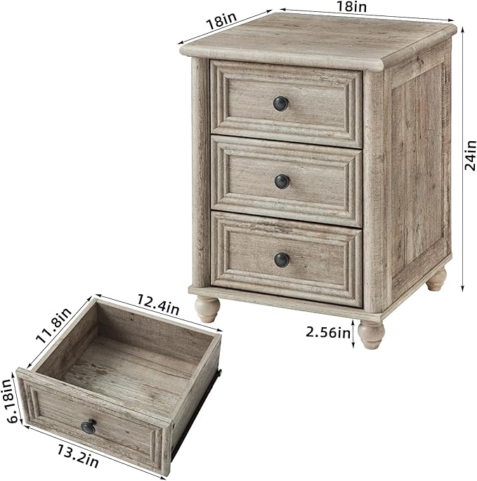 18" Farmhouse Night Stand Set of 2, Gray Wood Nightstand with 3 Drawers, Bedside End Table with Storage and Roman Column, Bed Side Tables Cabinet for Bedroom, Living Room, and Closet