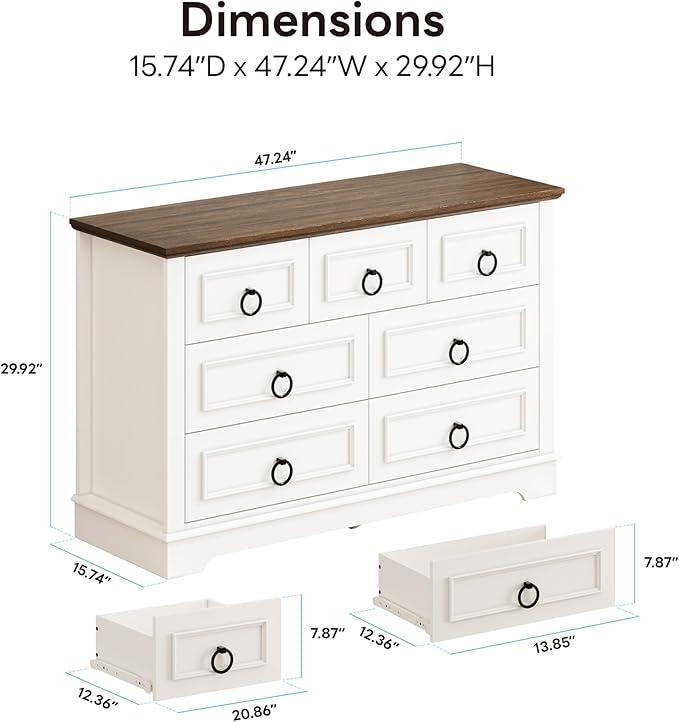 LIKIMIO White Dresser for Bedroom, 47.2" W Farmhouse 7 Drawer Dresser with Round Metal Handle, Thickened Desktop, Wood Rustic Chest of Drawers for Hallway, Entryway