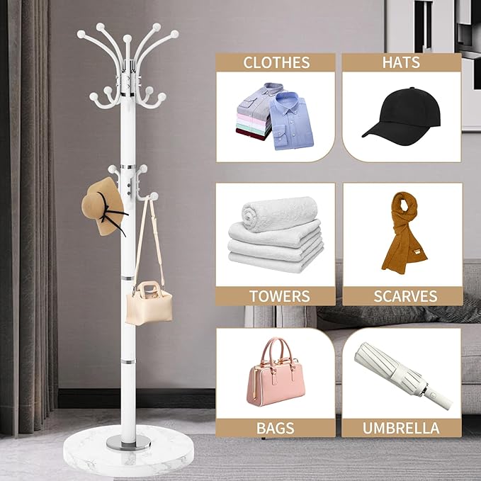 Metal Heavy Duty Coat Rack Stand, Modern 360° Roraty Freestanding Coat Rack with Natural Marble Base, White Coat Racks Hall Tree Hanger Stand with 16 Hooks for Entryway, Office