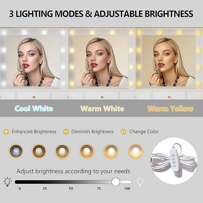 Makeup Vanity Desk with Mirror and Lights, Glass Top Vanity Table Set with Drawers & Power Outlet, Large Dressing Table with 3 Color Lighting Modes & RGB Cabinets for Women Girls Kids Bedroom, White