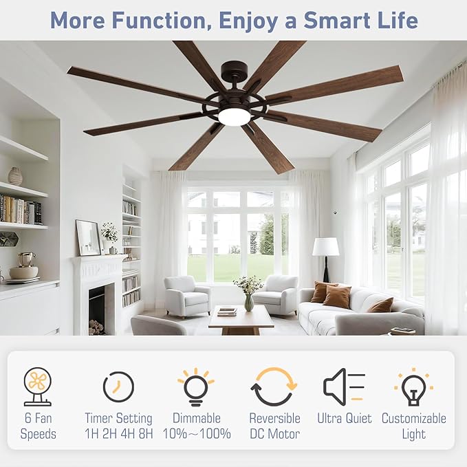 72 Inch Smart Ceiling Fan with Light and Remote, Walnut Ceiling Fan with Quiet Reversible DC Motor, Control Via WiFi Alexa App, 3CCT Dimmable Large Indoor/Outdoor Ceiling Fans for Patio Garage