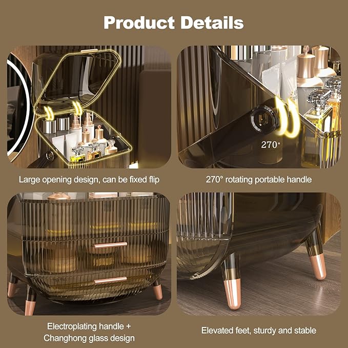 Ergocar Portable Retro Series Multi-Function Make Up Case Dustproof Cosmetic Storage Box,Cosmetics Skin Care Products Jewelry Organizer Case Finishing Box Bathroom Desktop - Retro Grey