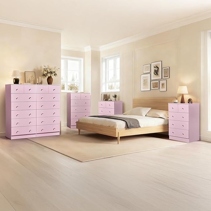 Karl home Pink 5 Drawer Dresser for Bedroom, Tall Dresser Chest of Drawers, Rustic Wood Bedroom Dressers Clothes Organizer, Anti-Tipping Device, Rose Gold Metal Handle, Living Room, Entryway, Office