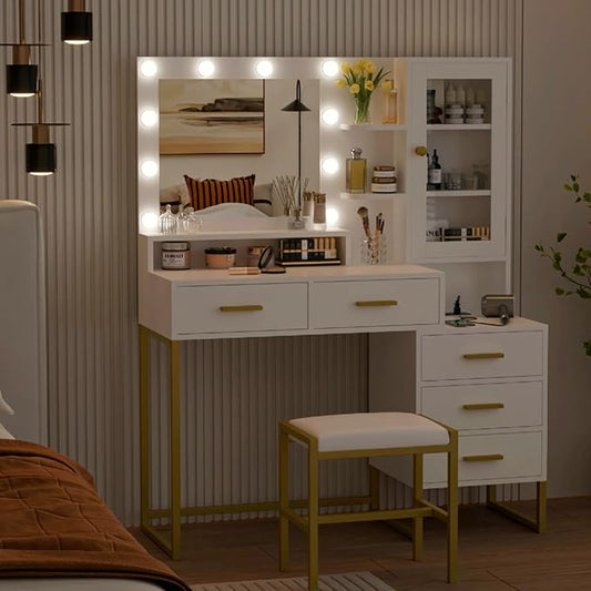 GarveeHome Large Makeup Vanity and Stool, Vanity Desk with Mirror and Lights, Makeup Table with Charging Station, Vanity Table with Drawers and LED Bulbs, White