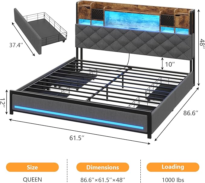 Queen Size Bed Framewith 4 Under-Bed Storage Drawers and LED Light, Queen Bed Frame with Upholstered Headboard and Charging Station,3-Tier Headboard and Hidden Storage Space,Gray