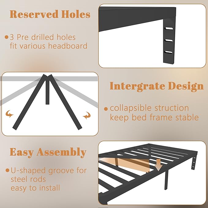 14 Inch Twin Bed Frames, Black Bed Frame Twin Size with Metal Baffles, No Box Spring Needed, Heavy Duty Steel Platform Supprt, Rounded Corner Design, Reserved Holes, Storage Space, Noise Free