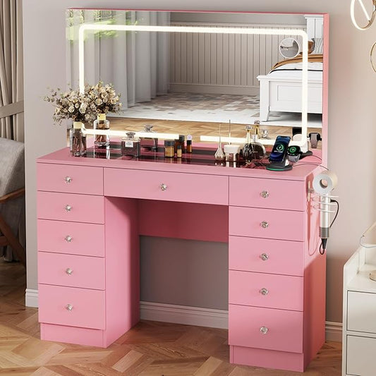 Vanity Desk with Mirror and Lights, 11 Drawers Makeup Vanity Desk with Tempered Glass top, 3 Lighting Modes Adjustable Brightness, Pink Vanity with Magnetic 5X Magnifier for Bedroom