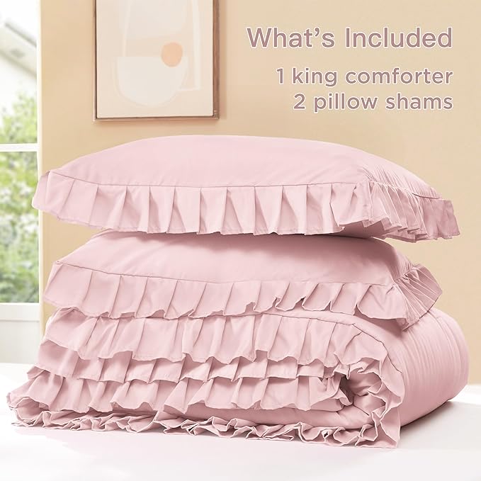 Litanika Grayish Pink Queen Comforter Set, 3 Pieces Ruffle Farmhouse Aesthetic Bedding Comforter Set, All Season Soft Lightweight Fluffy Microfiber Bed Set(90x90In Comforter, 2 Pillowcases)