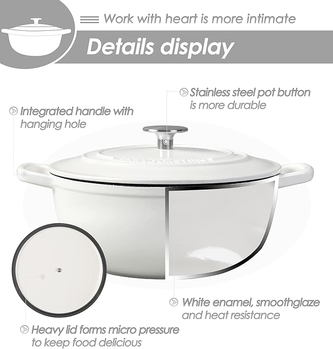 Enameled Cast Iron Dutch Oven Pot with Lid for Sourdough Bread Baking, Bread Dutch Ovens, Cooking Pots, 5 Quart, White