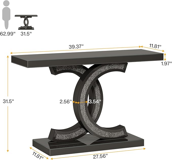 39-inch Mirrored Console Table, Modern Black Entryway Table with Sparkling Crystal Inlays, Glass Sofa Table with Mirror Finish for Entrance, Living Room