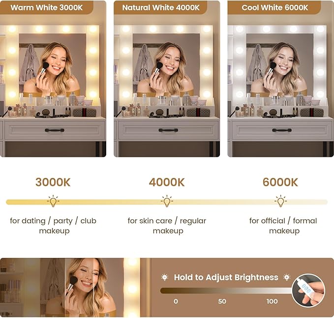 Makeup Vanity Desk with Mirror and Lights & Stool, Glass Top Vanity Table Set with Charging Station, 4 Stoarge Drawers & Double-Door Cabinet, Modern White & Black