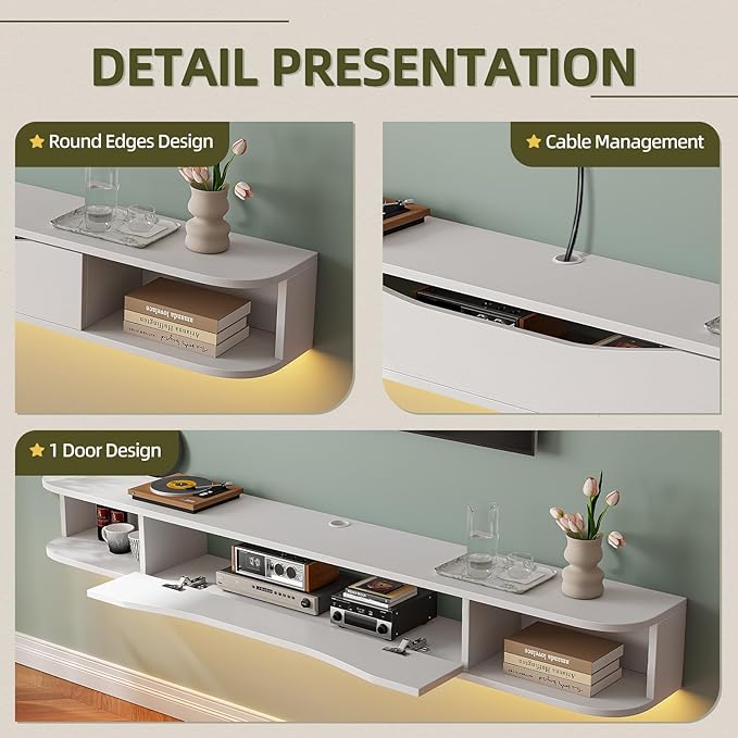 Floating TV Stand,47'' Wall Mounted TV Cabinet,Floating TV Console,Under TV Shelf with 1 Door and 2 Cabinets for TVs up to 55''(White)