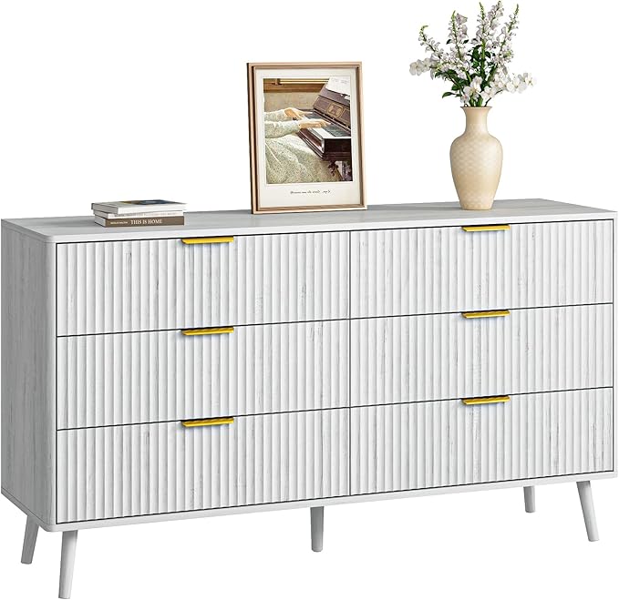 CARPETNAL Fluted 6 Double Drawers White Dresser for Bedroom, 55”Wide Modern Chest of Drawers with Deep Drawers,Wood Drawer Organizer for Bedroom Living Room, Hallway, White