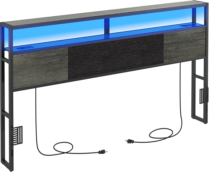 Headboard King Size, Headboards with Charging Station, USB Port and LED Light, Head Board with 2-Tier Storage Shelf, Adjustable Height, Easy Assembly, Sturdy and Stable, Black