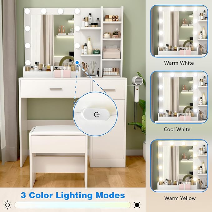 White Vanity Desk with Mirror and Lights, Makeup Vanity Desk with Lights 3 Colors, Dressing Table with 10 Bulbs, Power Outlet 2 Drawers Vanity Stool Makeup Table Set for Bedroom, Dressing Room