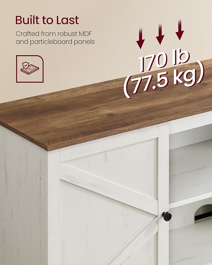 VASAGLE Farmhouse TV Stand for TVs up to 80 Inches, Entertainment Center with Storage Cabinets and Sliding Barn Doors, Media Console Table for Living Room, Rustic White and Honey Brown ULTV537W01