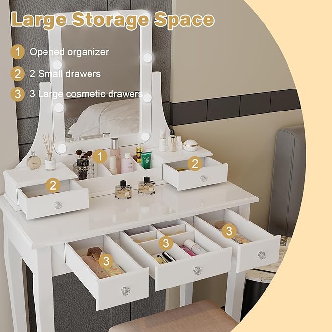 Make Vanity Desk with Lights and Mirror Makeup Vanity with Lights Bench Set Vanity Table with Lights with Drawers Vanity Mirror with Lights Desk and Chair