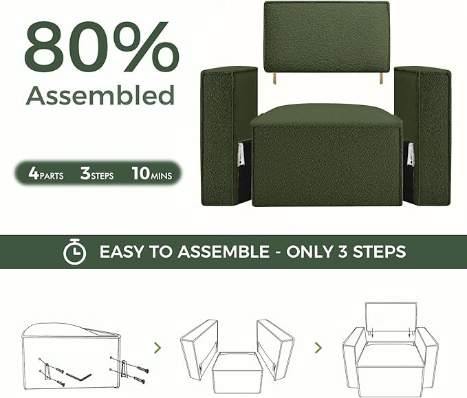 ELUCHANG Oversized Accent Chair with Ottoman,Modern Boucle Sofa Chair with Strong Wood Frame,High Supportive & Soft Sponges Comfy Upholstered Armchair Reading Chairs for Apartment Green