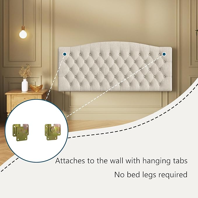 Linen Upholstered Headboard Queen/Full Size Bed Tufted Button Headboard, Featuring High-Density Sponge Padding, Luxury Texture Easy Assembly Comfort and Style-Ivory