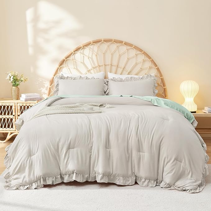 Litanika Linen Grey King Size Comforter Set, 3 Pieces Ruffle Farmhouse Aesthetic Bedding Comforter Set, All Season Soft Lightweight Fluffy Microfiber Bed Set(104x90In Comforter, 2 Pillowcases)