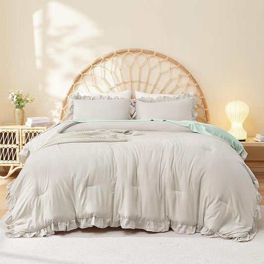 Litanika Linen Grey Full Size Comforter Sets, 3 Pieces Ruffle Farmhouse Aesthetic Bedding Comforter Sets, All Season Soft Lightweight Fluffy Microfiber Bed Set(79x90In Comforter, 2 Pillowcases)