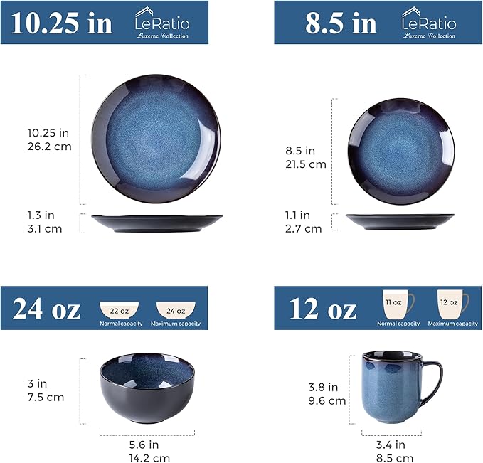 LERATIO Ceramic Dinnerware Sets for 4,16-Piece Reactive Glaze Plates and Bowls Set with Mugs,Highly Chip and Crack Resistant | Dishwasher,Microwave & Oven Safe Dishes set-Blue