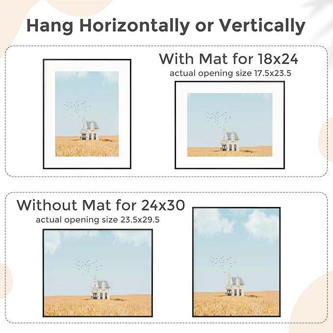 24x30 Metal Picture Frame for Wall With Mat for 18x24, 24''x30'' Aluminum Photo Frames With Tempered Glass for Home Decor, Minimalist Modern Poster Frame Horizontal And Vertical Formats, Black