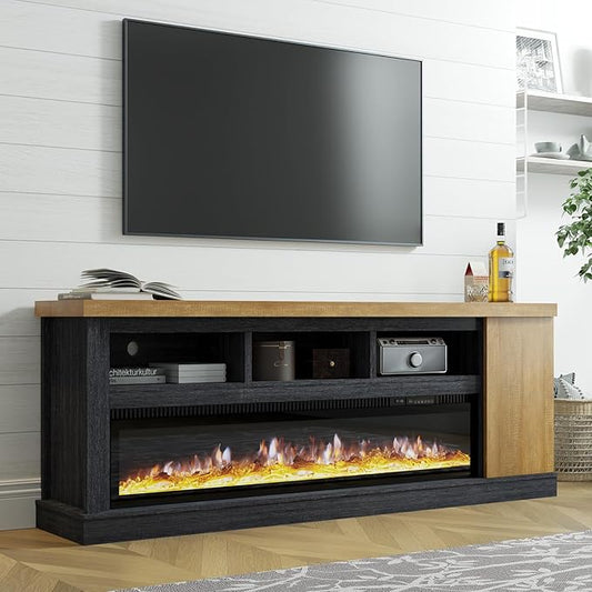 75” Fireplace TV Stand with 60” Electric Fireplace, Chunky Entertainment Center with Wood Grain, Color Clash Entertainment Stand for TVs up to 85”, Black&Brown
