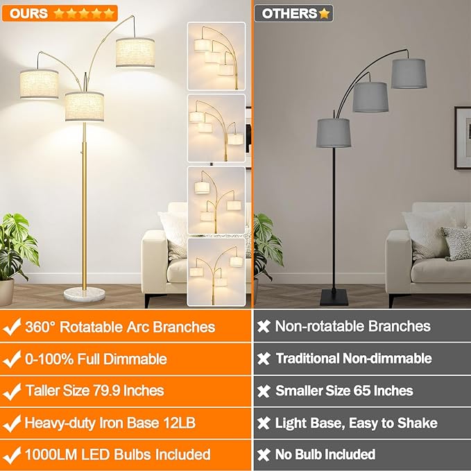 Dimmable Floor Lamp - 3 Lights Gold Floor Lamps for Living Room Linen White Shades & Marble Base, Mid Century Tree Floor Lamp for Bedroom Office, 3 LED Bulbs Included