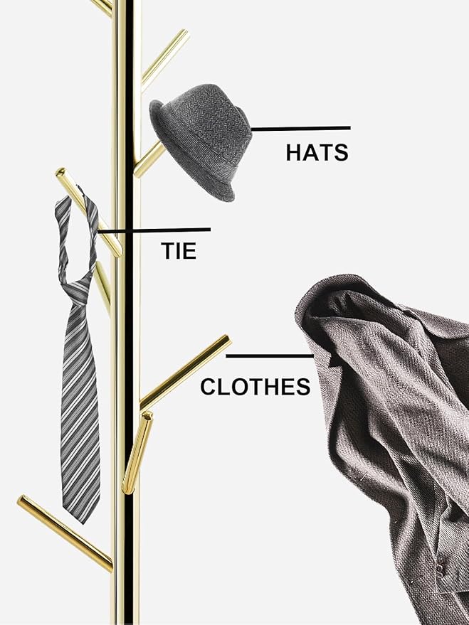 Freestanding Coat Rack with Natural Marble Base, 7 Heavy-Duty Hooks, Adjustable Height for Bedroom/Office/Hallway (Gold)