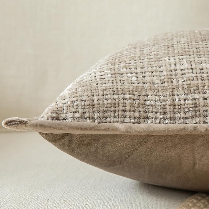 Yaertun Pack of 2 Chenille Textured Decorative Throw Pillow Covers Accent Solid Cushion Cover Soft Cozy Pillow Case with Velvet Back for Couch Sofa Bed Living Room 24x24 Inch Khaki