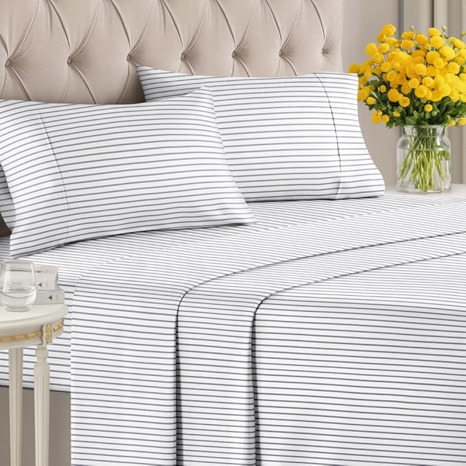 Blue and White Striped Sheets - 1 Flat & 1 Fitted Sheet & 2 Pillowcases w/ Deep Pockets - Cozy, Wrinkle & Fade Resistant - Ultra-Soft, Breathable & Cooling - Luxury Pinstripe Bedding - Queen Size
