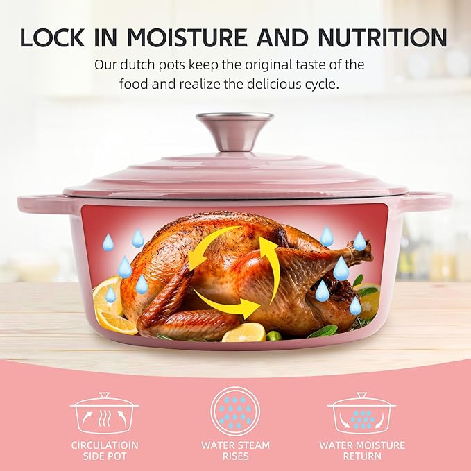 6 Quart Dutch Oven Enameled Cast Iron with Lid - Big Dual Handles - Oven Safe up to 500°F - Classic Round Pot for Versatile Cooking (Pink, 6 QT)