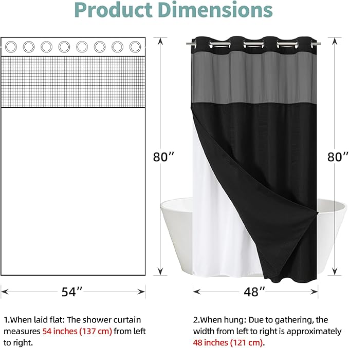Stall Black No Hook Waffle Weave Shower Curtain with snap-in Liner Replacement, 230GSM Waterproof Fabric Hotel Shower Curtain Set for Bathroom, Through Mesh Top Window,54Wx80H