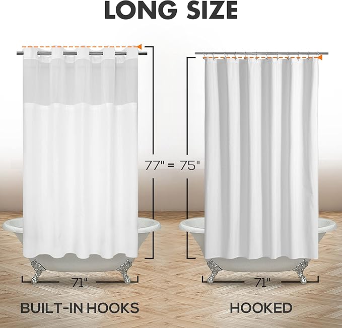 Long No Hook Slub Textured Shower Curtain with Snap-in PEVA Liner Set - 71" x 77"(75"), Hotel Style with See Through Top Window, Fabric Curtain & Waterproof Liner, White, 71x77