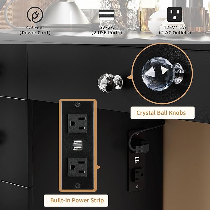 VOWNER Vanity with Lighted Mirror - Makeup Vanity Desk with Power Outlet and 9 Drawers, 3 Color Lighting Modes Adjustable Brightness, 43" Vanity Table with Soft Cushioned Stool for Bedroom, Black