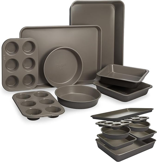 Goodful All-In-One Nonstick Bakeware Set, Stackable and Space Saving Design includes Round and Square Pans, Muffin Pans, Cookie Sheet and Roaster, Dishwasher Safe, 8-Piece, Graphite