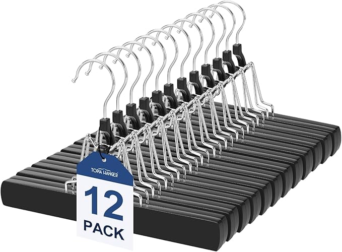 TOPIA HANGER 12 Pack Wooden Pants Hangers, Hair Extension Hangers Non Slip Skirt Hanger Wood Clamp with Velvet Padded 360° Swivel Hook for Jeans, Skirts, Trousers, Wigs CT67B