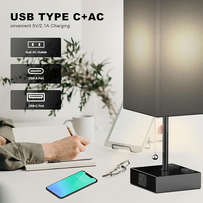 Table Lamp for Bedroom with USB,Bedside Lamp with USB C+A Charging Ports,Adjustable 3color LED Light for Home Decor/Nightstand/Office,Included Bulb and Fabric Lamp Shade (Linen Black, 1PCS)