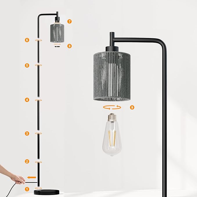 Oneach 66" Black Floor Lamp for Living Room, Boho Floor Lamp with LED Bulb, Foot Switch, Gray Rattan Shade, Industrial Tall Farmhouse Standing Lamp for Bedroom, Dining Room, Study Room, Office