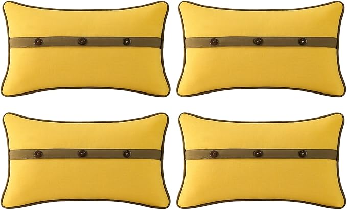 Outdoor Sunbrella Decorative Pillows with Triple Coconut Buttons Pack of 4, 20" x 12" Outdoor Pillow Set for Couch Bed Throw Patio Sofa, Spectrum Daffodil/Canvas Cocoa