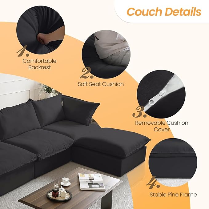 JACH L Shape Sectional Couches, Sectional Sofa with Chaise Ottoman, Deep 3-Seats Modular Sectional Sofa, Cushion Covers Removable, Two Corners and A Middle Sofa for Living Room, Black, 120-2345