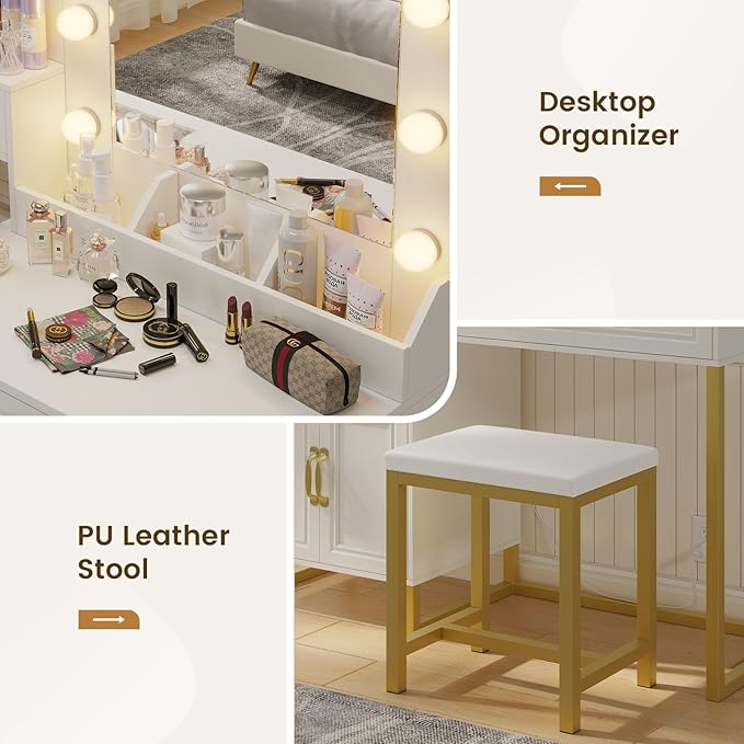 Vanity Desk with Mirror & Lights, Upholstered Stool & Power Outlet, Makeup Vanity Set with Glass Top Drawers, Shelves & Cabinets, Modern White & Gold